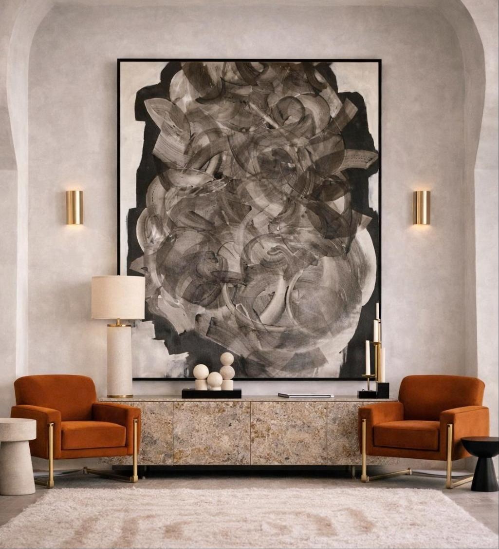 Photoreal render of a proposed large abstract painting above a console in a client's living room